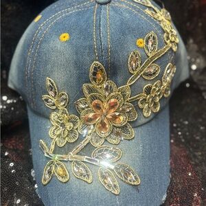 Embellished Denim Cap with Gold Floral Accents